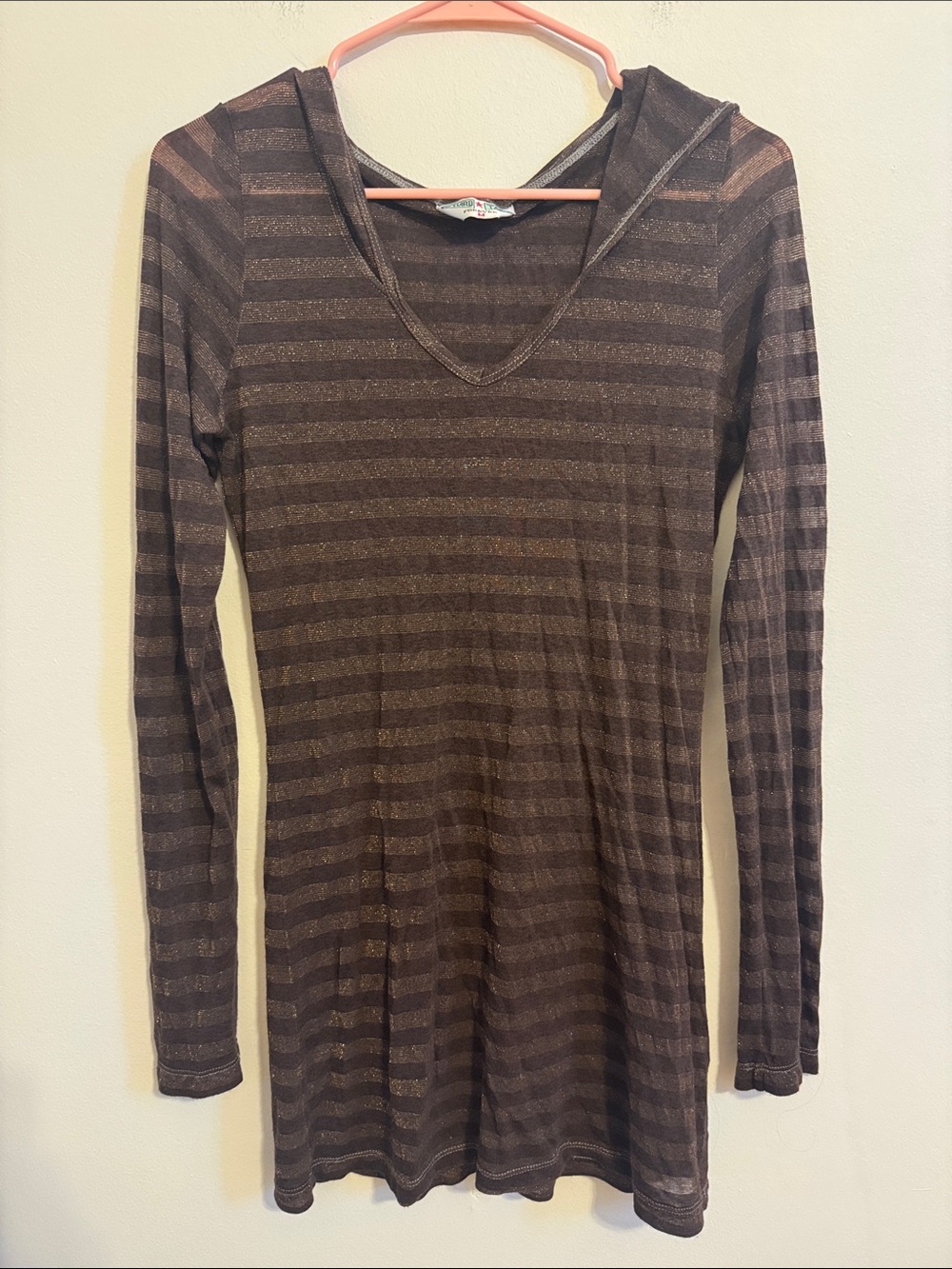 Hard Tail Brown Metallic-Striped Long Sleeve Hooded Tee